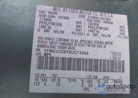 1999 Ford Explorer Eddie Bauer/Limited Edition/Xlt из США, поврежденный, VIN 1FMZU32E9XUC12464